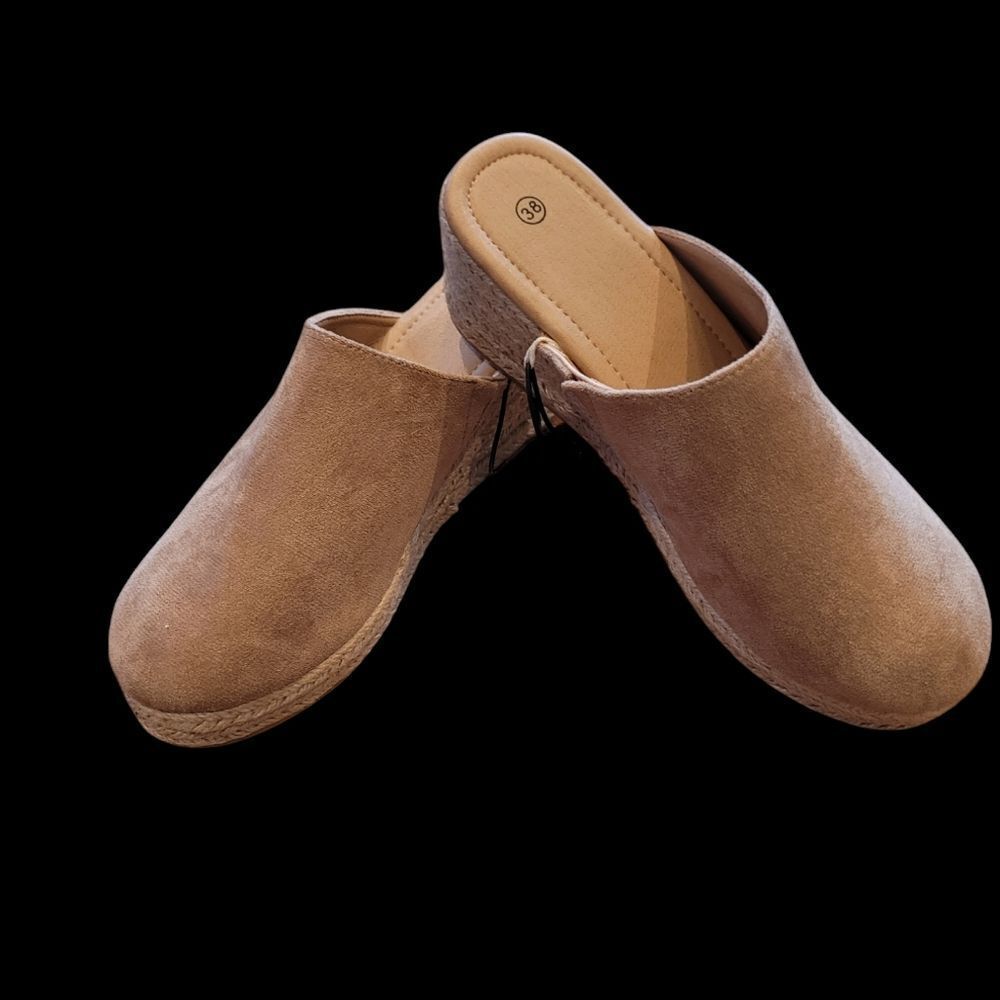 EU 38 tan NWOT faux suade mules with 2.5" platform wedge heels